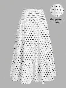 SHEIN MOD 女款抓皺高腰黑白波點印花層次裙，休閒 90 年代可愛 70 年代波希米亞秋季風格，適合大學、野餐、度假、早午餐 - 白色 - 查看 1
