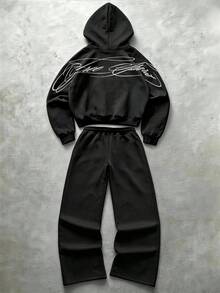 Manfinity Hypemode Hypemode Men's Sports Set, Bold Letter Print, Outdoor Street Sports Casual Hoodie & Pants Set - Black - View 3