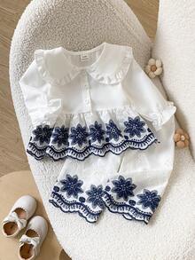 SHEIN Playful Pals 女嬰可愛娃娃風大領口前開襟刺繡下擺彈性腰帶刺繡袖口長袖長褲套裝 春秋款 - 藍白色 - 查看 4