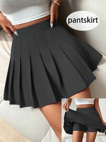SHEIN PETITE 女款純色百褶裙，優雅約會/休閒/通勤風格，Y2K大學風，春夏款，適合嬌小女性 - 黑色 - 查看 5