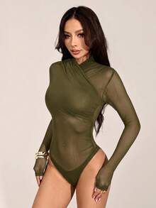 SHEIN PETITE 女款性感純色網紗包覆式連身衣，透視長袖 - 軍綠色 - 查看 7