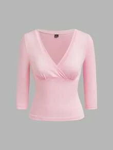Comfortcana 3pcs Kaos Basic Putih, Hitam, Pink Muda, Leher V Dalam, Pas Badan, Lengan Sedang, Cocok untuk Kembali ke Sekolah, Atasan Awal Musim Gugur, Cocok untuk Perjalanan Sehari-hari, Pesta, dan Kerja - MultiWarna - View 5