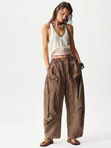 Bohemela Spring/Summer Vacation Solid Color Woven Harem Pants For Women - Brown - View 7