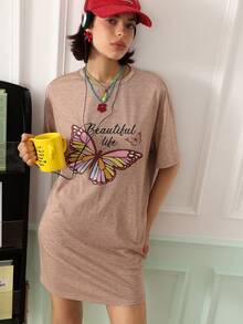 Chillnights Street Style Casual Butterfly Print Crew Neck Short Sleeve Women's Sleep Dress - Coffee Brown - View 1
