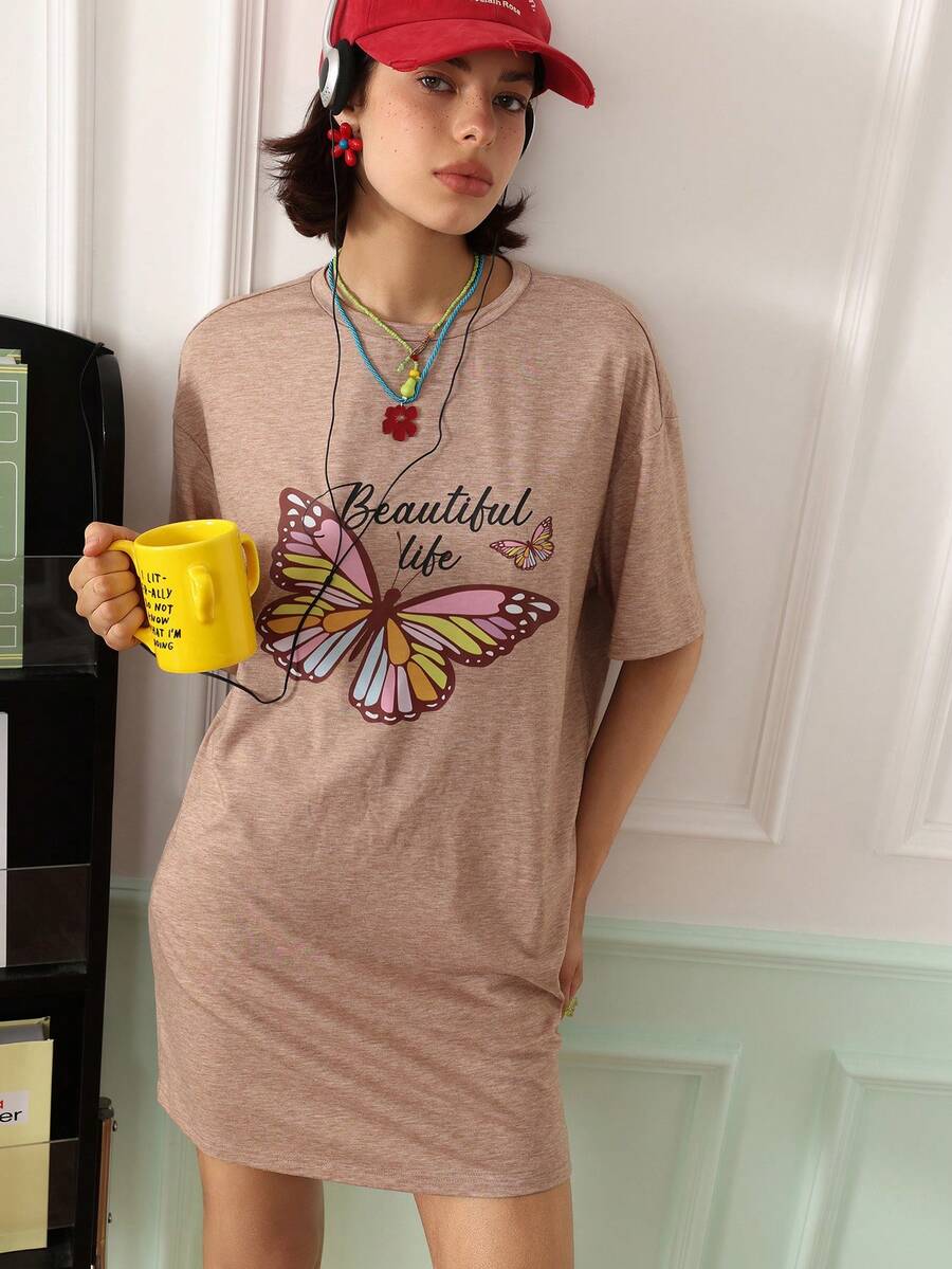 Chillnights Street Style Casual Butterfly Print Crew Neck Short Sleeve Women's Sleep Dress - Coffee Brown - View 1