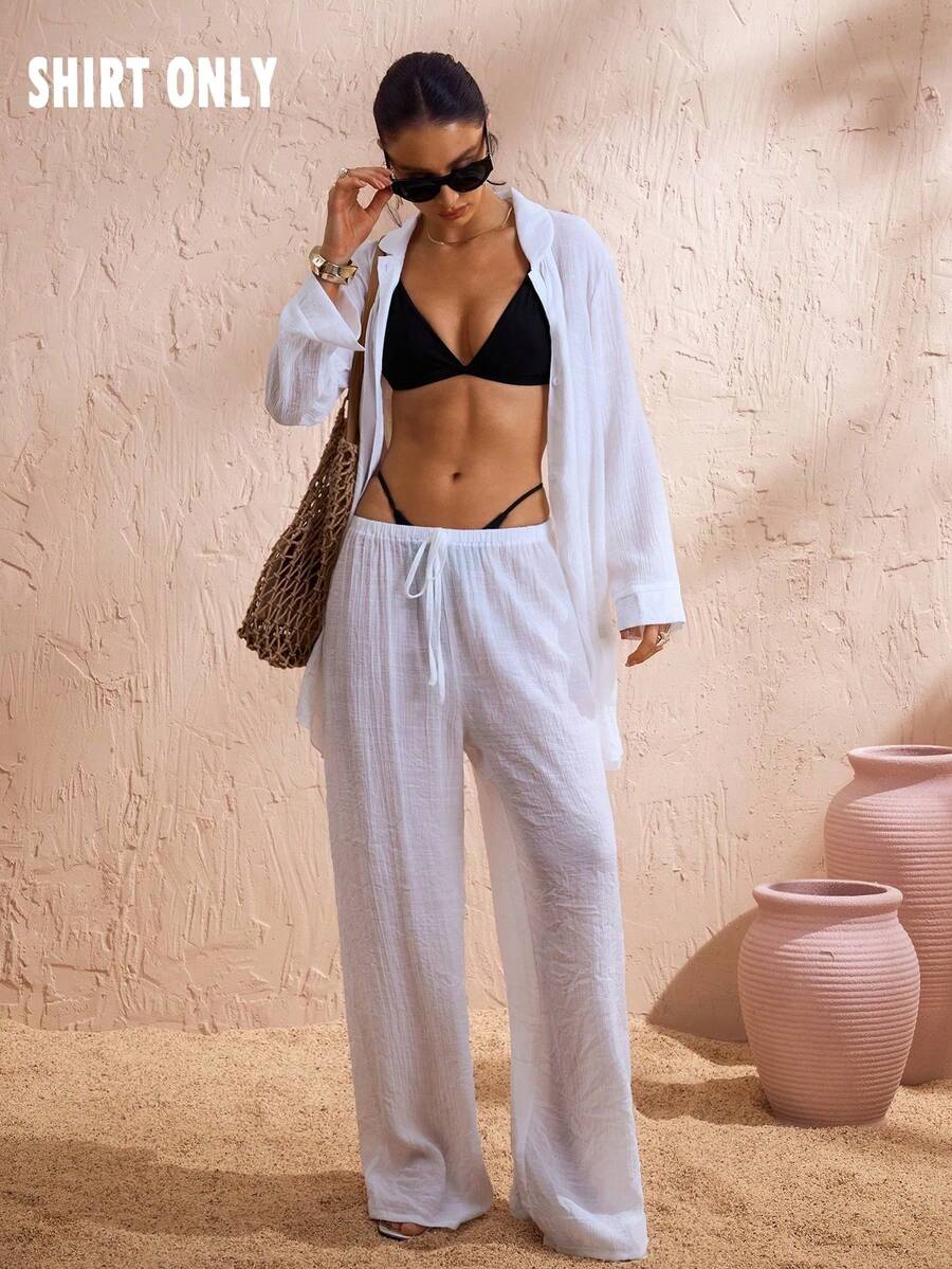 Swim Chiccia 女款度假海灘寬鬆輕盈透視襯衫罩衫,休閒和服風外套 - 白色 - 查看 1
