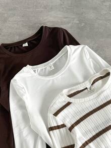 SHEIN 青少年女孩黑白棕三色連身衣套裝，鈕扣可拆卸休閒百搭三件套 - 彩色 - 查看 3