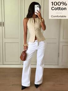 Siren Gaze 100 Cotton Summer Women Chinese-Style Elegant Y2k Vacation Streetwear Vintage Going Out Brunch Casual Frog Button Fitted Halter Neck Daily Top Beige - Apricot - View 6