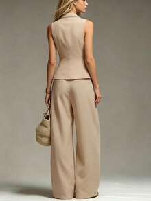 Everyssa Women's Khaki Sleeveless Blazer Vest & Wide Leg Pants 2 Pieces Set, Fashion Commuter Suit - Khaki - View 2