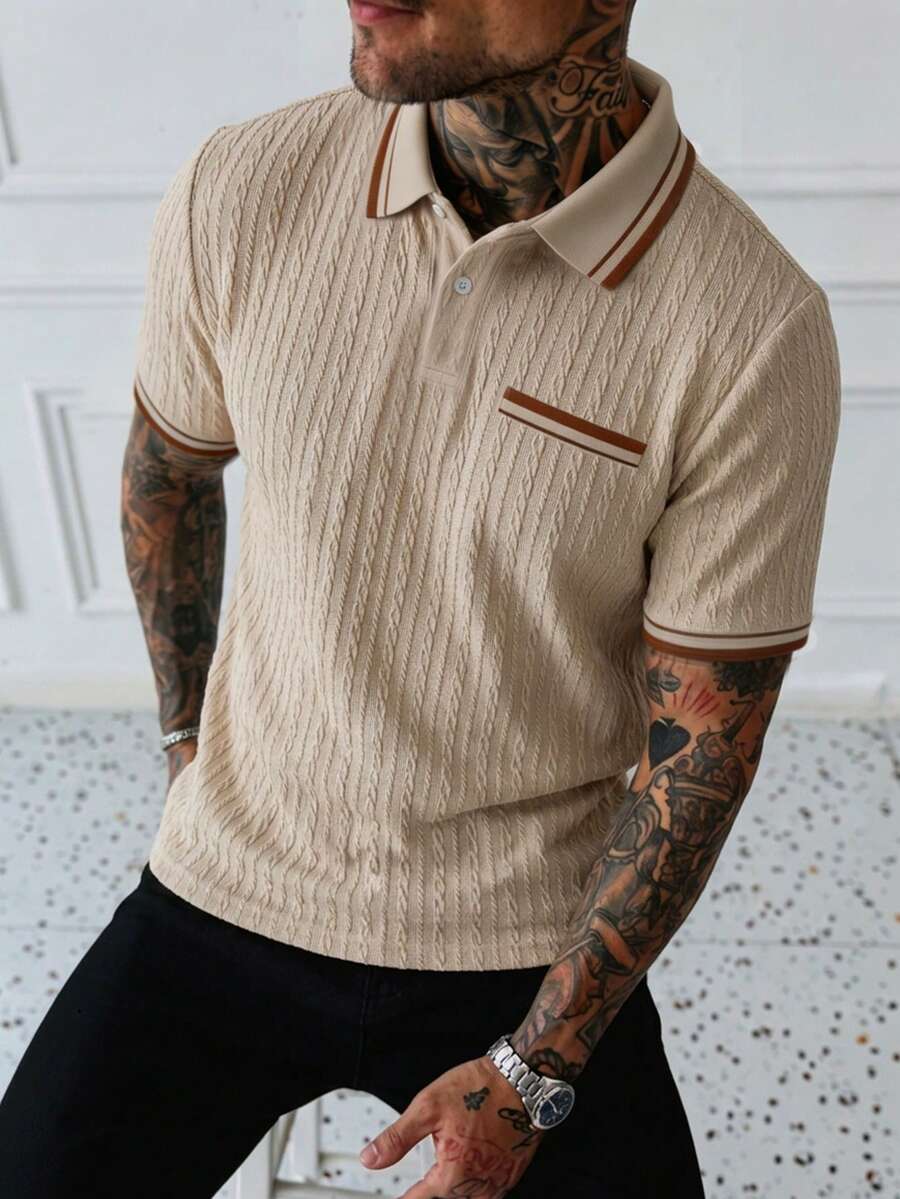 Manfinity CasualCool Men's Striped Short Sleeve Casual Commute Polo Shirt - Khaki - View 1