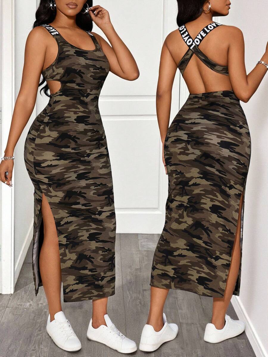 BamGleam Women's Sleeveless Backless High Waist Slit Letter Camouflage Print Dress Maxi Women Outfit Going Out Night Army Green Summer Sexy