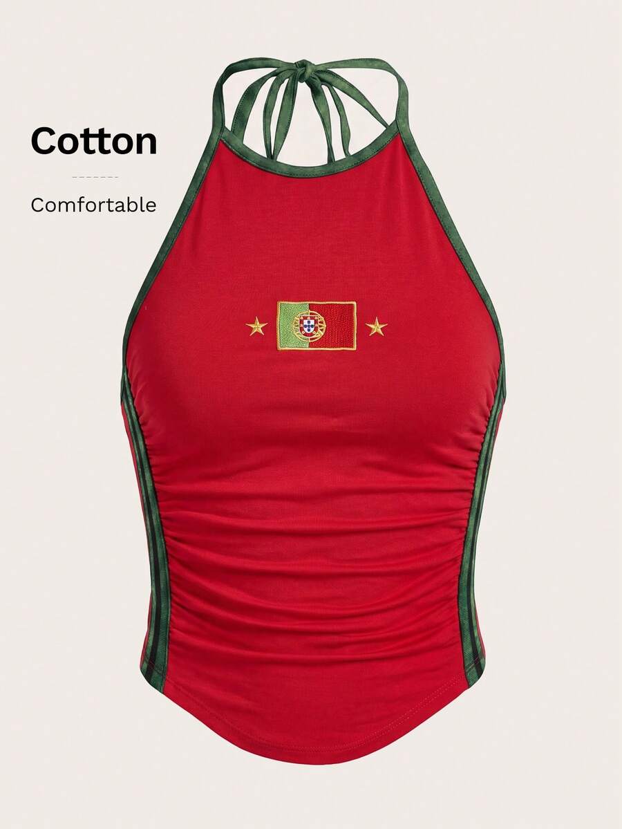 SHEIN ICON Bikercore 字母刺繡對比包邊掛脖夏季上衣 - 綠色 - 查看 1