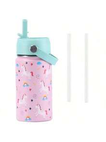 1Pc 12oz Stainless Steel Cup With Handle, Cute Cartoon Pattern Double-Layer Water Cup With Lid And Straw, Suitable For Outdoor, Camping, Travel - Multicolor - View 10