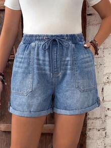 EMERY ROSE EMERY ROSE Plus Size Versatile Drawstring Waist Pocket Streetwear Baggy Denim Shorts Summer Vacation Loose Back To School Beach Halloween Navy Blue - Blue - View 3