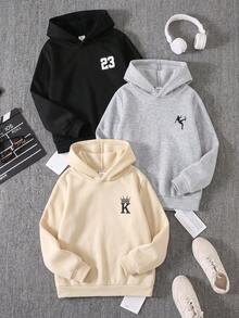 SHEIN 3件組兒童青少年男孩休閒百搭款黑色灰色卡其色多色連帽套頭衛衣，適合通勤、上學、日常休閒外出、運動，秋冬穿著 - 彩色 - 查看 3