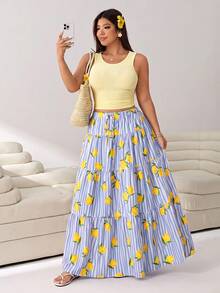 Solflare Setelan 2 Potong Atasan Tank Top Polos & Rok Motif Lemon Bergaris Ukuran Plus - MultiWarna - View 6