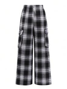 SHEIN 青少年女孩格紋彈性腰寬腿工裝褲 - 黑色 - 查看 4