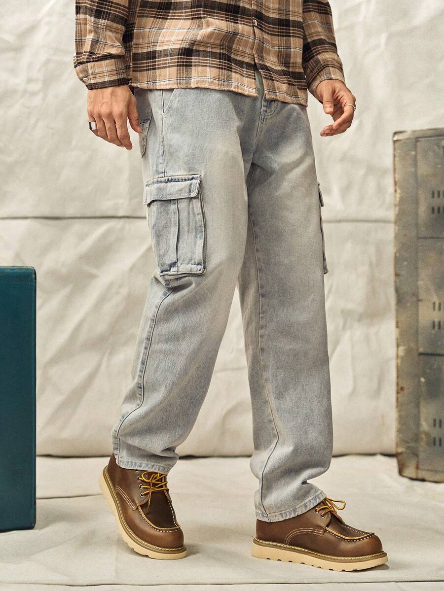 Norleigh Men's Casual Streetwear Cargo Denim Jeans,Light Blue Loose Straight Leg Distressed Pants,City Break Back-To-School Flap Pocket Cargo Jeans - Grey - View 1