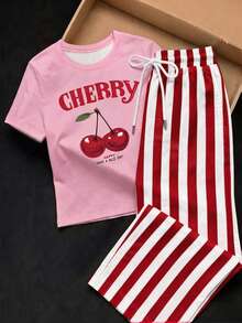 SHEIN EZwear 女款櫻桃印花T恤與條紋長褲兩件套 - 彩色 - 查看 4