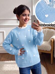 SHEIN 青少年女孩愛心刺繡鏤空拼接針織衫 - 藍色 - 查看 3