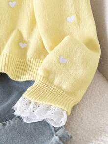 SHEIN Suéter para niña preadolescente con bordado de corazón, patchwork y dobladillo con volantes - Amarillo - Ver 5