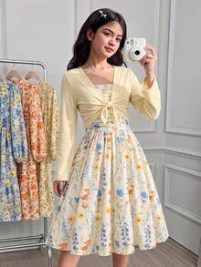 SHEIN 優雅高品質女童洋裝套裝，包含配套開襟衫與披肩，適合前青春期女孩。淺杏色紋理面料，修身針織洋裝，高彈性，裝飾蝴蝶結，長袖，披肩附3D蝴蝶結。 - 杏色 - 查看 2