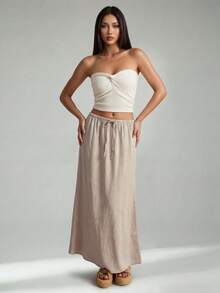 SHEIN PETITE Modischer Damen-Maxirock im Pendler-Stil in Apricot, 100% Baumwolle - Aprikosenfarben - Übersicht 7