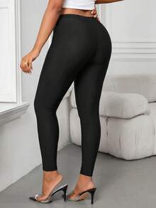SHEIN Lady Women's Fashion Metal Buckle Fitted Casual Basic Base Layer Long Pants Gym Workout Workwear Black Autumn - Black - View 2