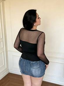 Vibekara Polka Dot Mesh 2 In 1 Top, Plus Size Ruched Waist Sheer Base Layer, Flocked Polka Dot Mesh Long Sleeve Top, 2 In 1 Bandeau Ruched Waist Slimming Sexy - Black - View 2