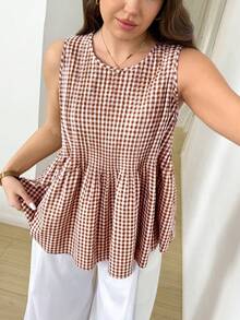 SHEIN LUNE 大尺碼女款格紋圓領荷葉邊下擺休閒背心 - 彩色 - 查看 5