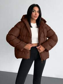 EURMUSE Solid Color, Zip Up, Hooded Winter Coat - Brown - View 4