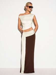 Olia Maree 女款優雅純色不對稱肩褶皺上衣搭配對比色緞帶長裙兩件套 - 彩色 - 查看 4