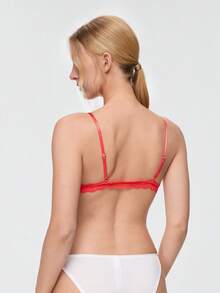 Bonmuse Lencería de novia de temporada navideña, sujetador de triángulo francés para mujer, con encaje floral, suave y sin costuras, sujetador sexy rojo para busto pequeño - Rojo - Ver 2