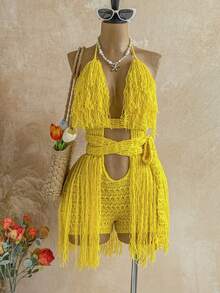 Soleia Women's Plus Size Tassel Knit Jumpsuit For Vacation - Yellow - View 3