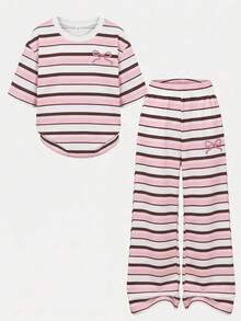 SHEIN 女童針織條紋休閒T恤與長褲兩件套 - 粉色 - 查看 2
