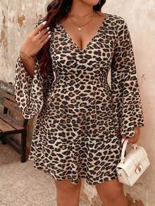 EMERY ROSE Plus Size Leopard Print V-Neck Long Sleeve Dress Fall - Coffee Brown - View 5