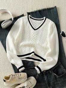 SHEIN 青少年女孩拼色V領休閒日常長袖針織衫 - 白色 - 查看 1