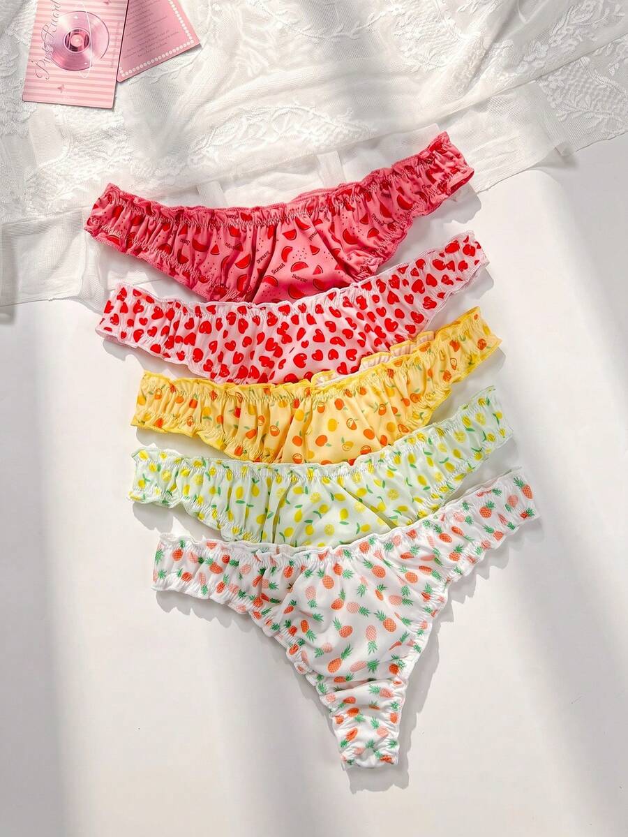 PetitDoll 5pcs Fruit Printed Comfortable Sexy Panties With Sweet Ruffled Edges - Multicolor - View 1