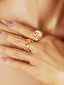 Glisma Cincin Emas 18k Berlapis Emas dengan Motif Bunga, Batu Geometris, Sederhana, Elegan/Mewah/Klasik, Cocok untuk Musim Panas/Pantai/Pesta Dansa/Pesta, Berlapis/Batu Permata/Seksi/Vintage - Yellow Gold - View 8