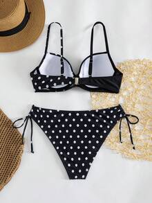 Swim Lushoire Women's Summer Beach Polka Dot Print Two-Piece Swimsuit, Random Print, Push-Up With Underwire - Black and White - View 2