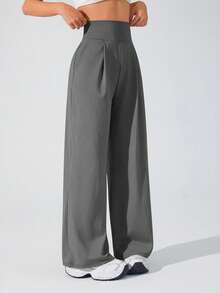 Easithlete Easithlete Women's Solid Color High Waist Pocket Loose Fit Sports Pants - Flint Stone - View 4