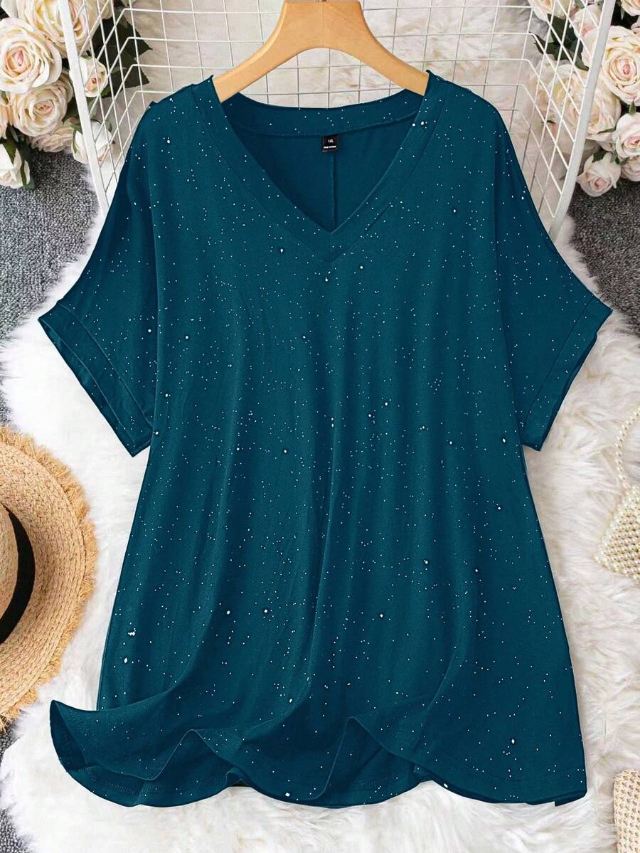 Franclia Plus Size V-Neck Short Sleeve Versatile Fashion Casual Comfortable Soft T-Shirt - Blue - View 1