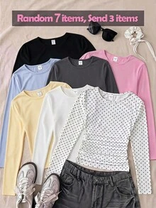 SHEIN 青少年女孩純色圓領休閒百搭日常長袖T恤 3件/套 - 彩色 - 查看 1