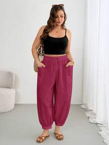Shapeblank Plus Size Women Solid Color Drawstring Waist Casual Versatile Daily Travel Long Pants - Red Violet - View 7