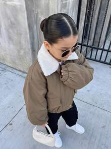 Dazy Kids Loose Fit Contrast Color Lamb Wool Long Sleeve Thick Coat For Young Girls Padded Coat Winter - Army Green - View 7
