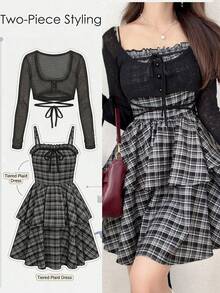 FRIFUL Women's Summer New Plaid Spaghetti Strap Dress With Bowknot Chest And Strappy Tie Outerwear 2 Pieces Set Lounge Sets For Women - Black - View 14