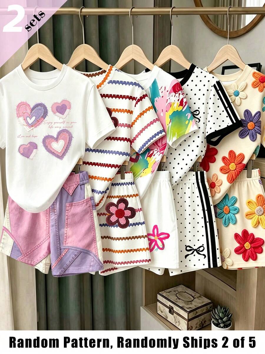 (2 Random Item From 5) Girls' Purple Pink Heart, Colorful Brown Stripe, Floral, Bow, Polka Dot Pattern Basic Short T-Shirt And Shorts - Multicolor - View 1