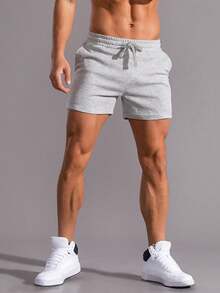 Manfinity Homme Men Drawstring Waist Shorts Jogger Plain Light Grey Gym Athletic - Light Grey - View 3