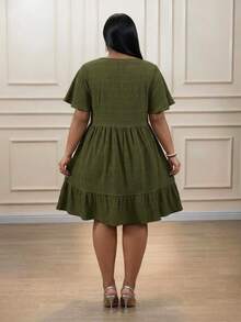 CurvyTilda Plus Size Vacation Casual Solid Color Texture Dress - Olive Green - View 2
