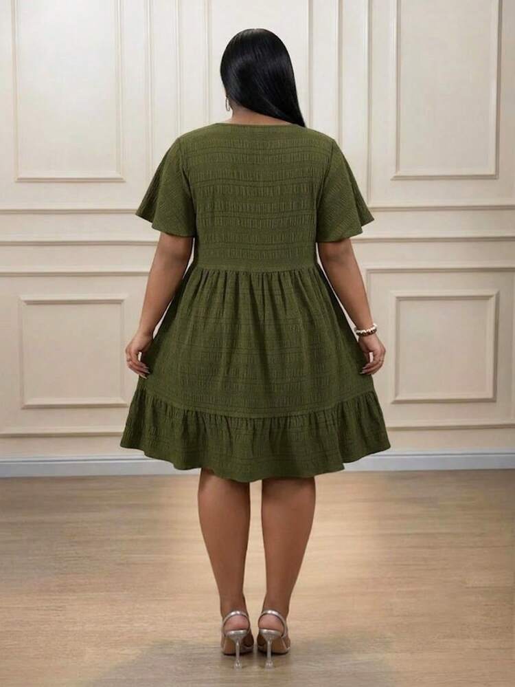 CurvyTilda Plus Size Vacation Casual Solid Color Texture Dress - Olive Green - View 2